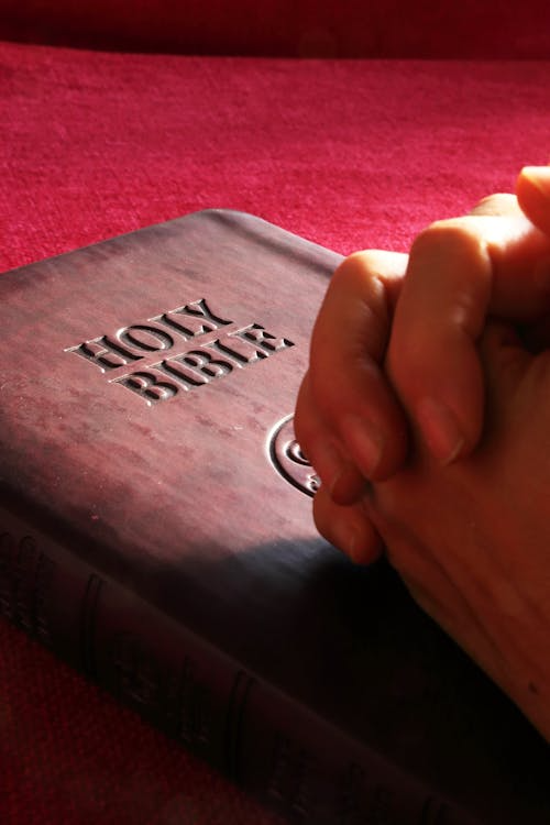 An image of a person’s hands on a holy bible.
